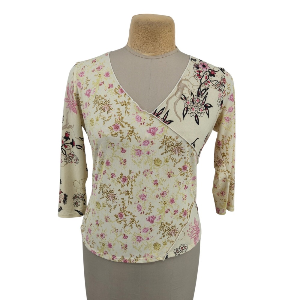 Caia Faux Wrap Top Womens Large Floral V-Neck 3/4 Sleeve Feminine Cream Pink Y2K